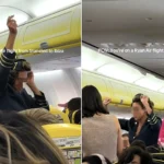 A drunk Brit dressed as an air steward danced on passengers after a hen do turned a Ryanair flight to Ibiza into a party - even a Power Ranger joined in.