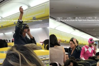 A drunk Brit dressed as an air steward danced on passengers after a hen do turned a Ryanair flight to Ibiza into a party - even a Power Ranger joined in.