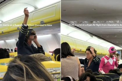 A drunk Brit dressed as an air steward danced on passengers after a hen do turned a Ryanair flight to Ibiza into a party - even a Power Ranger joined in.