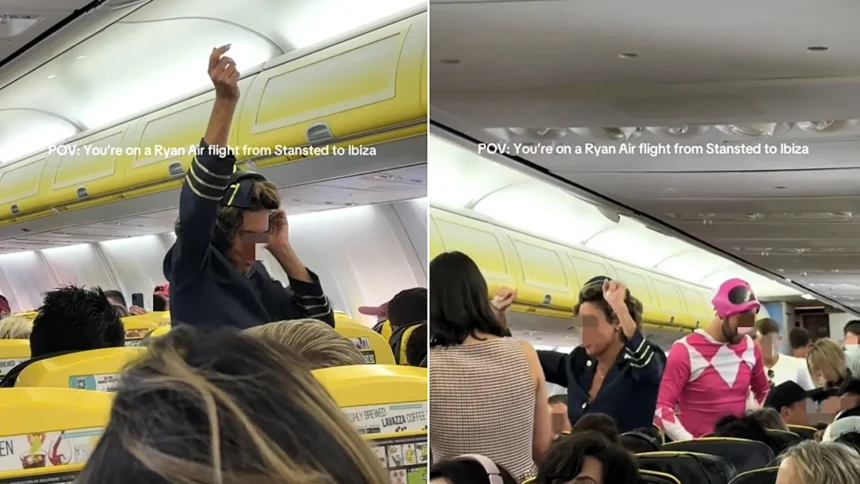 A drunk Brit dressed as an air steward danced on passengers after a hen do turned a Ryanair flight to Ibiza into a party - even a Power Ranger joined in.