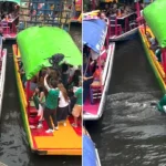 A Mexico fan fell into a canal after boat-hopping to wave her flag at England supporters - who fished her out and celebrated with a singalong.
