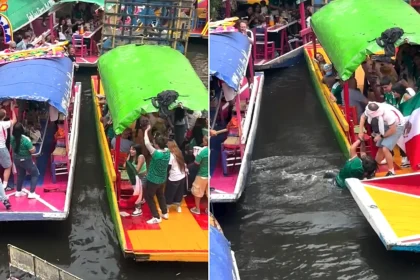 A Mexico fan fell into a canal after boat-hopping to wave her flag at England supporters - who fished her out and celebrated with a singalong.