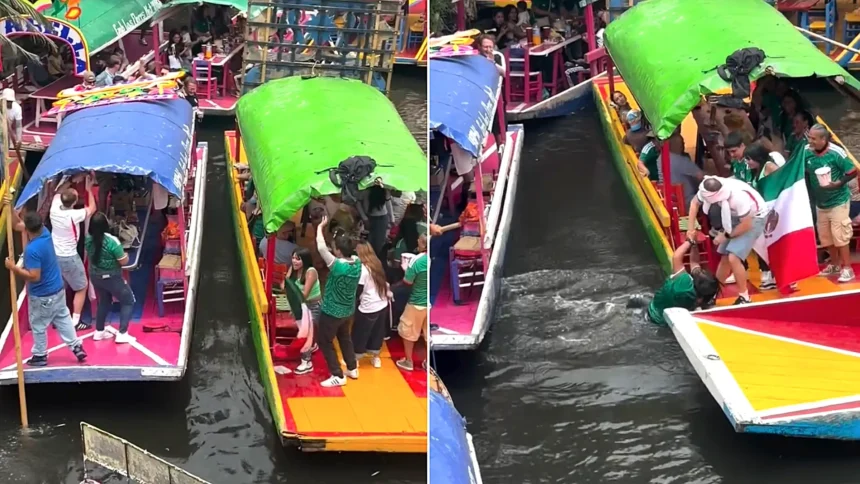A Mexico fan fell into a canal after boat-hopping to wave her flag at England supporters - who fished her out and celebrated with a singalong.