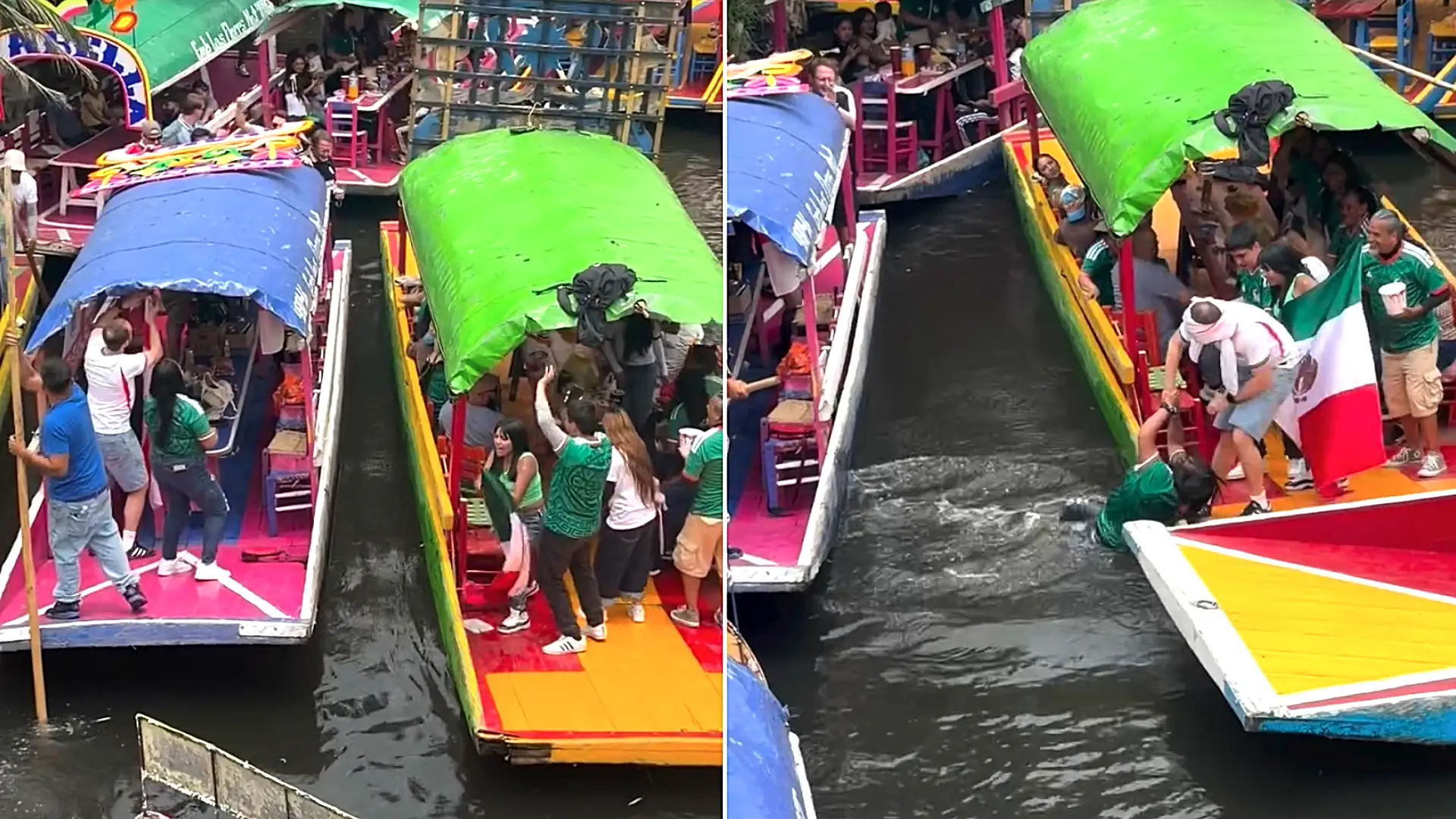 A Mexico fan fell into a canal after boat-hopping to wave her flag at England supporters - who fished her out and celebrated with a singalong.