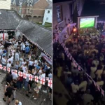 Pints fly as England fans erupt in a packed pub beer garden, celebrating a dramatic 3-2 World Cup win over Mexico that sends the Three Lions through to face Norway.