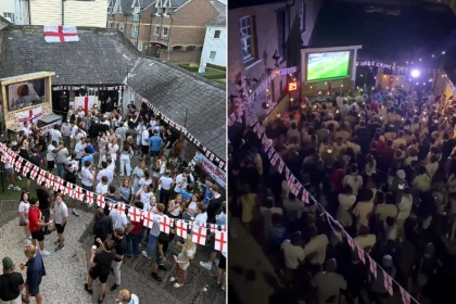 Pints fly as England fans erupt in a packed pub beer garden, celebrating a dramatic 3-2 World Cup win over Mexico that sends the Three Lions through to face Norway.