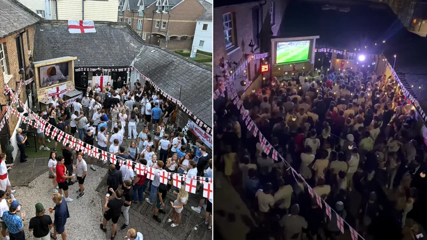 Pints fly as England fans erupt in a packed pub beer garden, celebrating a dramatic 3-2 World Cup win over Mexico that sends the Three Lions through to face Norway.
