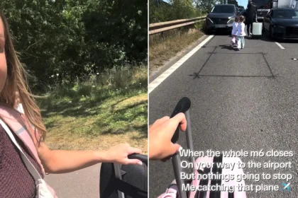 A family boarded their flight with a matter of minutes to spare after being forced to sprint down the motorway on foot when a lorry crash brought the M6 to a halt.