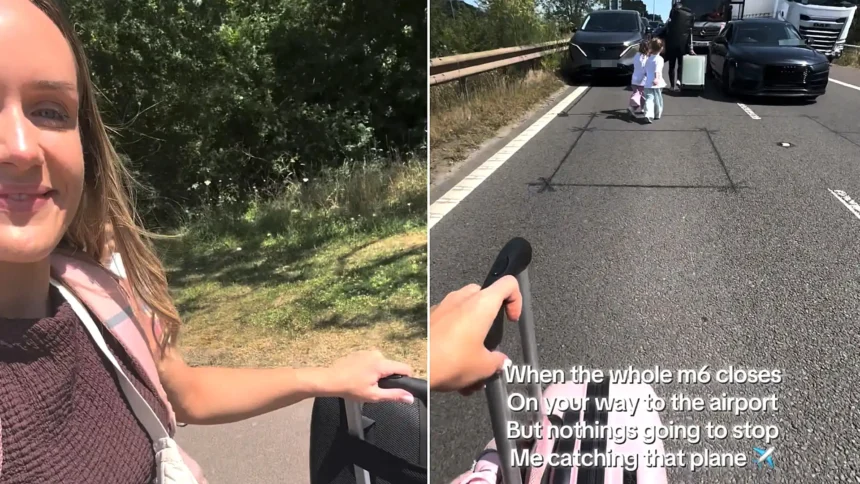 A family boarded their flight with a matter of minutes to spare after being forced to sprint down the motorway on foot when a lorry crash brought the M6 to a halt.