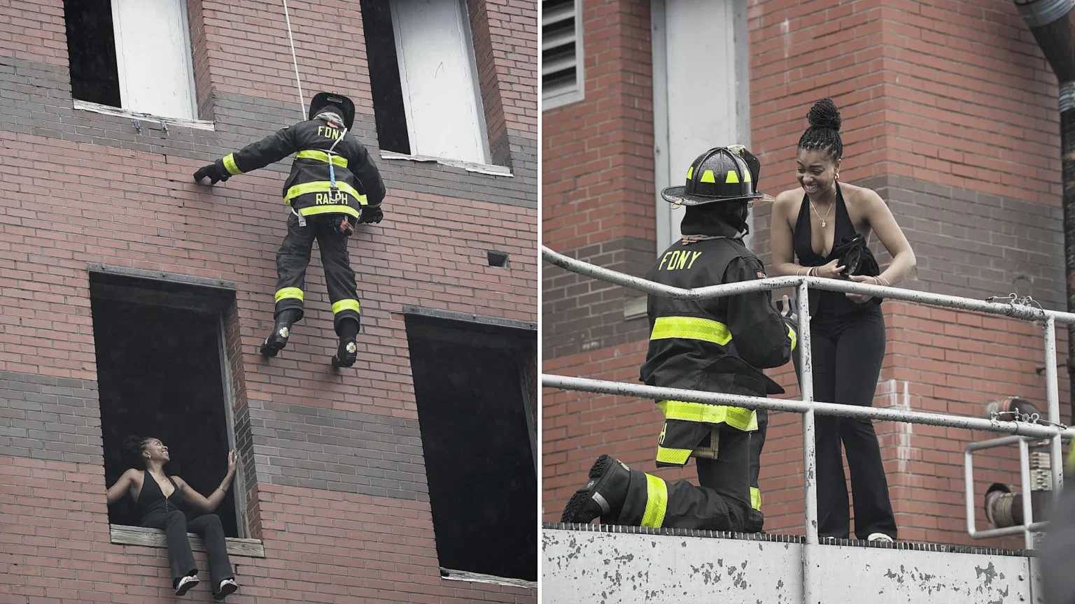 A firefighter-in-training left his girlfriend speechless after turning a daring abseil exercise into a surprise marriage proposal at an FDNY event in New York.