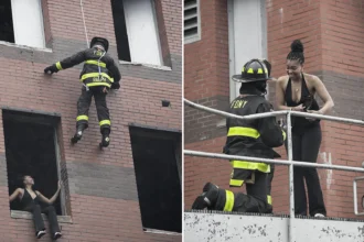 A firefighter-in-training left his girlfriend speechless after turning a daring abseil exercise into a surprise marriage proposal at an FDNY event in New York.