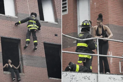 A firefighter-in-training left his girlfriend speechless after turning a daring abseil exercise into a surprise marriage proposal at an FDNY event in New York.