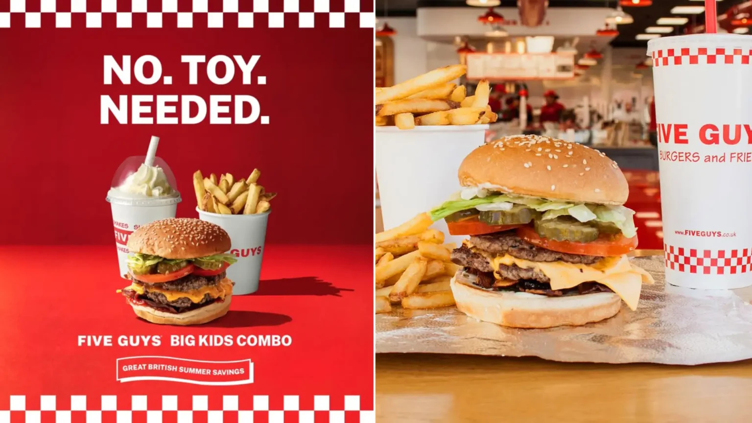 Five Guys has launched a new Big Kids Combo to rival McDonald's Happy Meal, featuring a burger, fries and drink or shake - but with no toy included in the deal