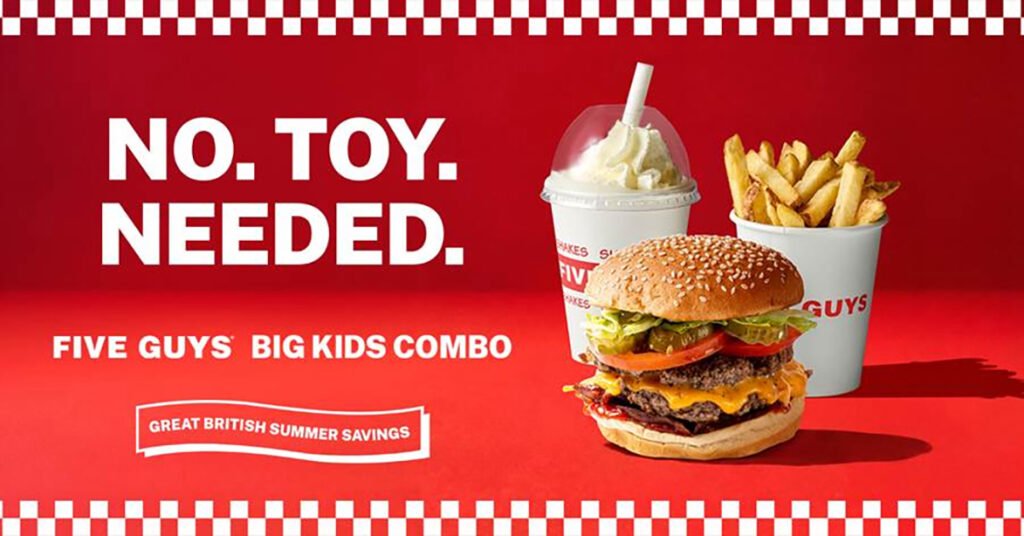 Five Guys has launched a new Big Kids Combo to rival McDonald's Happy Meal, featuring a burger, fries and drink or shake - but with no toy included in the deal