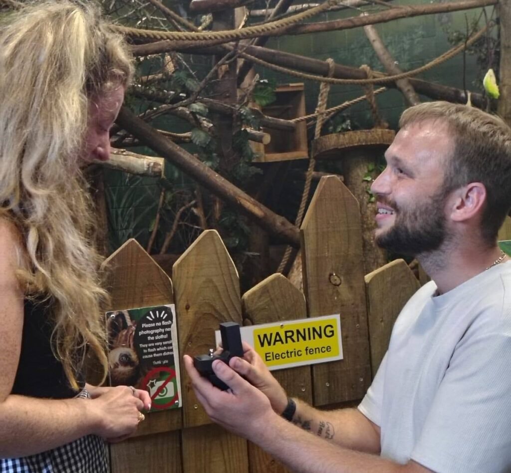 Couple travel eight hours to get engaged in a sloth enclosure - beside the animal she adopted four years ago