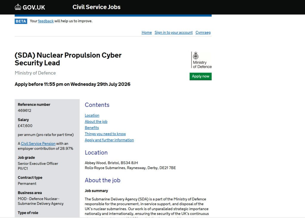 The UK Government has been slammed after advertising a social media job paying up to £21k more than a role protecting nuclear submarines from cyber attacks.