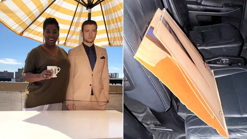Woman's life-sized cardboard Justin Timberlake cutout got a new face for a 97-year-old's surprise birthday party - and the bizarre journey won approval from the real JT himself.