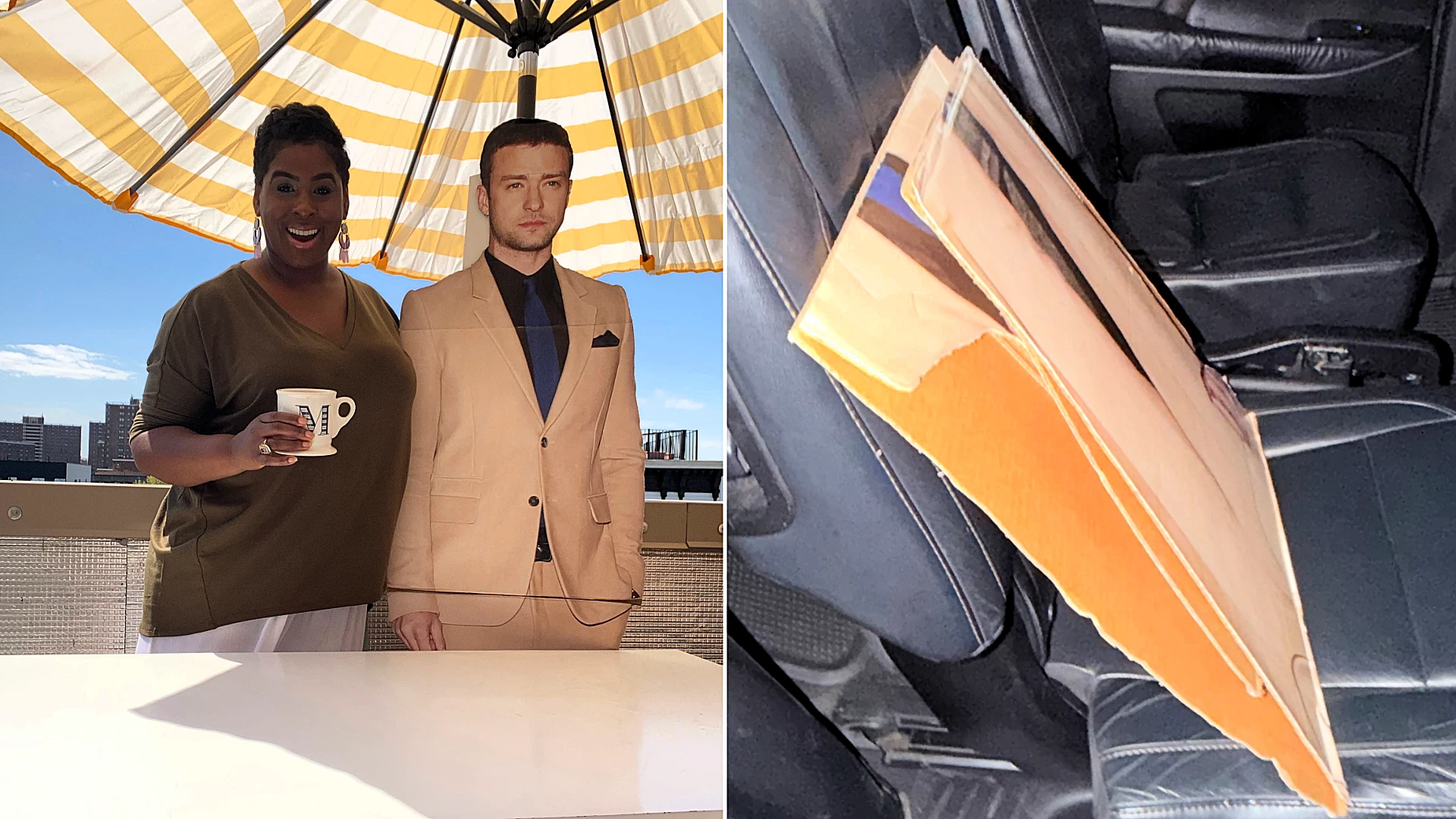 Woman's life-sized cardboard Justin Timberlake cutout got a new face for a 97-year-old's surprise birthday party - and the bizarre journey won approval from the real JT himself.
