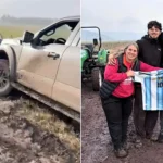 Locals came to the rescue of Argentina and Aston Villa star Emi Martinez after his pickup got bogged down in thick mud in his hometown - it took over three hours to free.