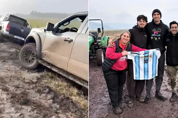 Locals came to the rescue of Argentina and Aston Villa star Emi Martinez after his pickup got bogged down in thick mud in his hometown - it took over three hours to free.