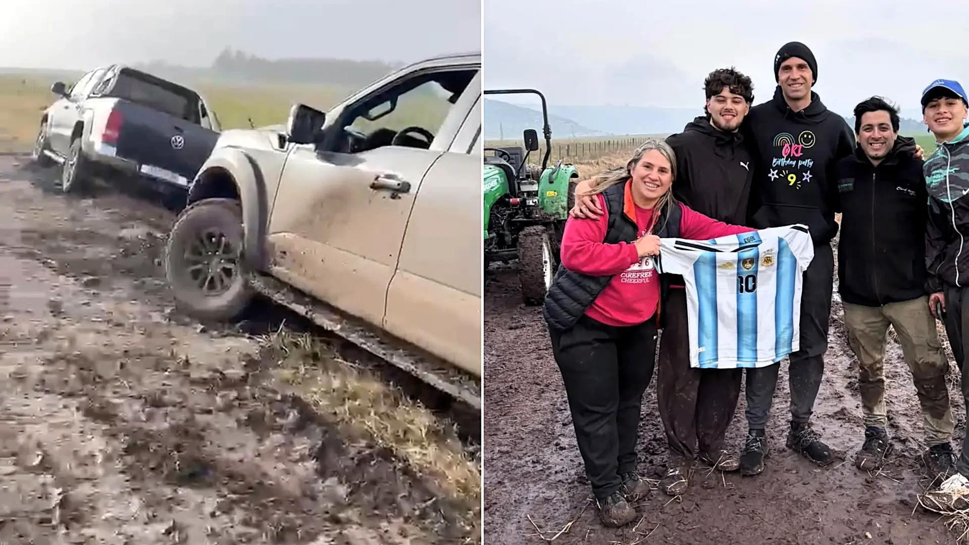 Locals came to the rescue of Argentina and Aston Villa star Emi Martinez after his pickup got bogged down in thick mud in his hometown - it took over three hours to free.