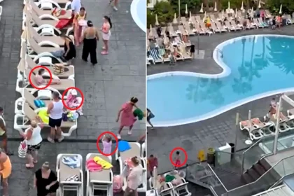Holidaymaker watched in horror as parents sent speedy kids sprinting across the pool to grab the best sunbeds in a 'life or death' scramble at a four-star Tenerife hotel.