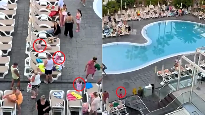 Holidaymaker watched in horror as parents sent speedy kids sprinting across the pool to grab the best sunbeds in a 'life or death' scramble at a four-star Tenerife hotel.
