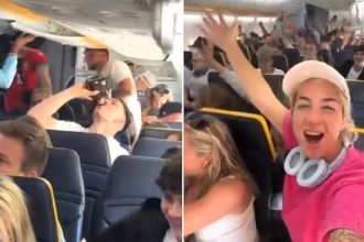 A woman expecting a peaceful flight to Ibiza was stunned when it turned into a booze-fuelled party with dangling speakers, tequila and passengers dancing in the aisle.