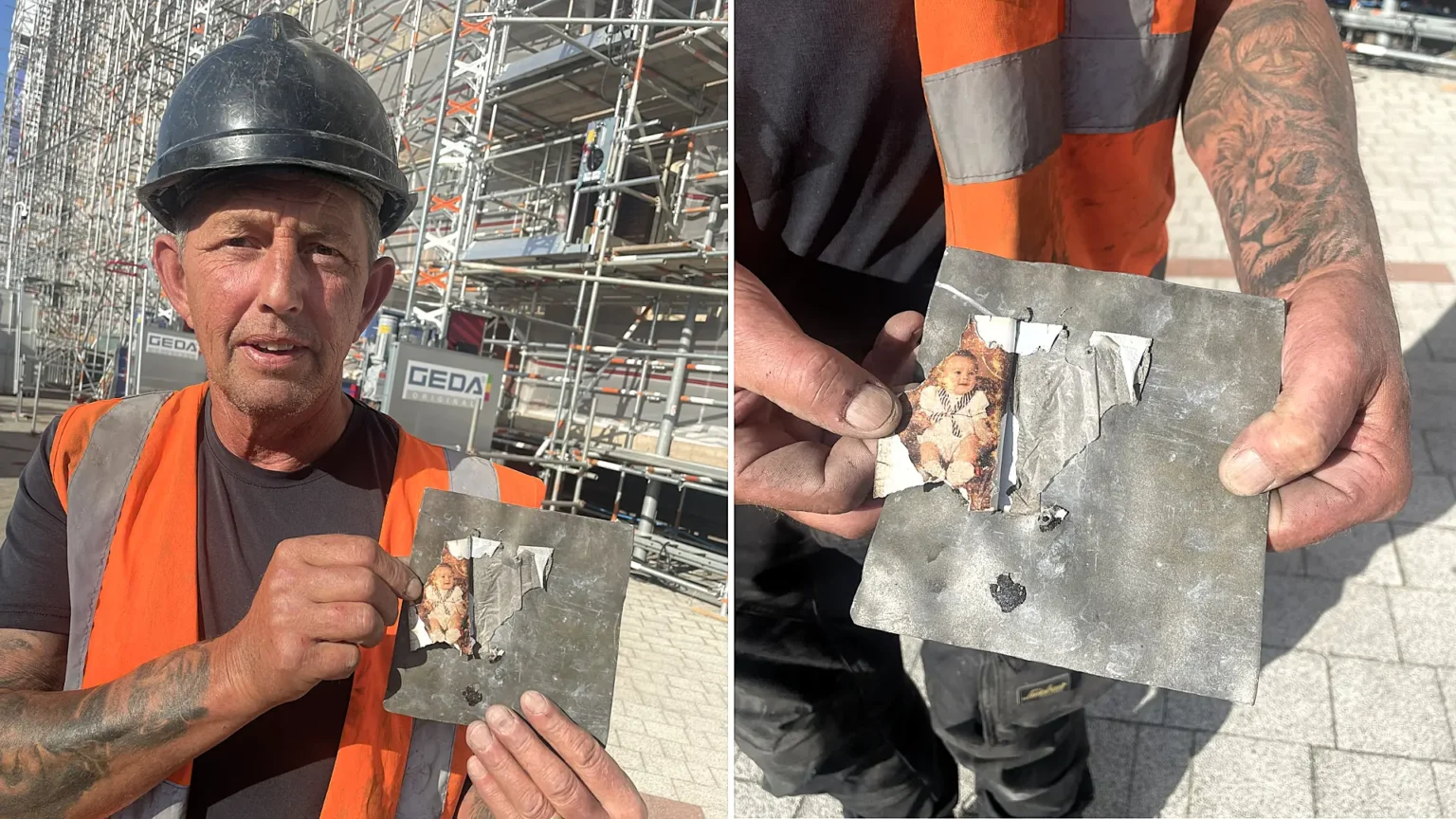 A roofer was left fighting back tears after uncovering a photo of his teenage son he had secretly hidden beneath a roof slate 24 years earlier - with his son working beside him.