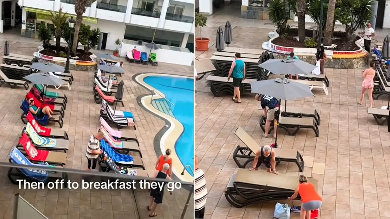 The great British sunbed wars have reached new heights after holidaymakers were filmed rising at dawn to stake their claim to poolside loungers in Tenerife - then heading off for breakfast.