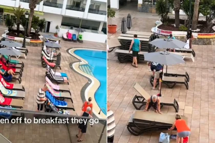 The great British sunbed wars have reached new heights after holidaymakers were filmed rising at dawn to stake their claim to poolside loungers in Tenerife - then heading off for breakfast.