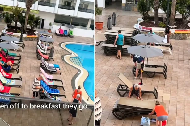 The great British sunbed wars have reached new heights after holidaymakers were filmed rising at dawn to stake their claim to poolside loungers in Tenerife - then heading off for breakfast.