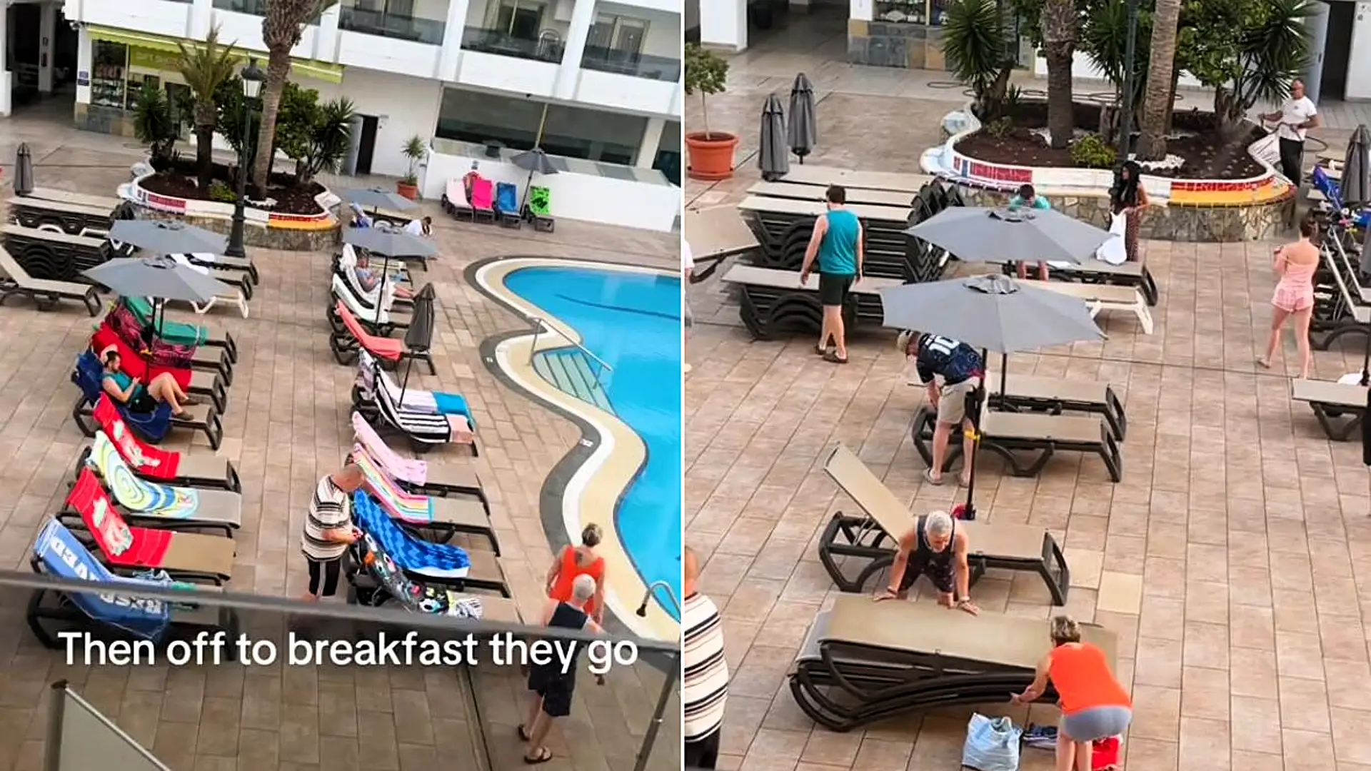 The great British sunbed wars have reached new heights after holidaymakers were filmed rising at dawn to stake their claim to poolside loungers in Tenerife - then heading off for breakfast.