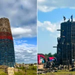 World's tallest bonfire towers at 200 feet ahead of being set alight this weekend, built entirely by hand from over 20,000 wooden pallets in Belfast.