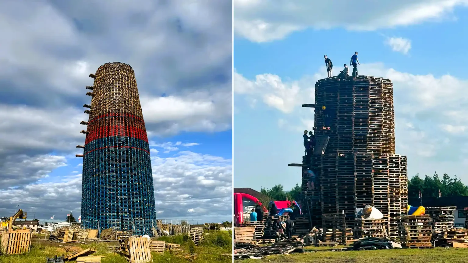 World's tallest bonfire towers at 200 feet ahead of being set alight this weekend, built entirely by hand from over 20,000 wooden pallets in Belfast.