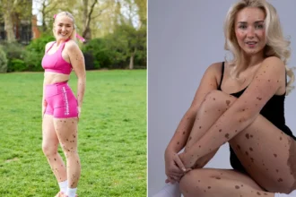 Woman covered in birthmarks across up to 80% of her body reveals people sometimes ask if she's 'fallen over in mud' - but says she 'embraces' being different rather than hiding it.