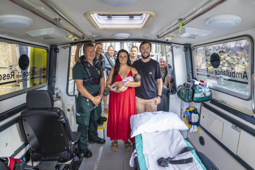 A baby girl named Harriet was born on a marine ambulance racing between Channel Islands during a lightning storm - arriving at 11:11pm, two weeks earlier than planned.