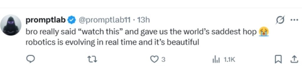 Social media comment on the post of Tiny robot armed with milk bottles wins hearts with 'the world's saddest hop' - before being carried off by the scruff of its neck, legs flailing.