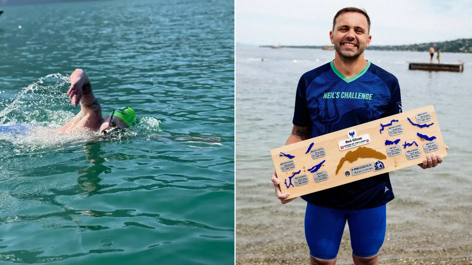 British dad becomes the first to swim Switzerland's 10 biggest lakes - 233 miles of freezing water for the charity that helped his son.
