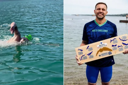 British dad becomes the first to swim Switzerland's 10 biggest lakes - 233 miles of freezing water for the charity that helped his son.