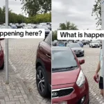 A shopper was left baffled after a metal post in a supermarket car park started violently vibrating - despite there being no wind and other poles staying still.