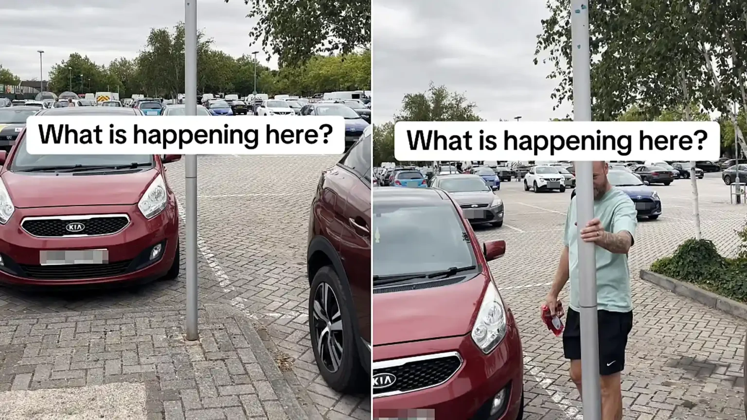 A shopper was left baffled after a metal post in a supermarket car park started violently vibrating - despite there being no wind and other poles staying still.
