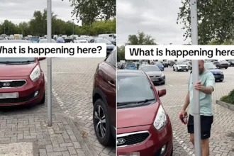 A shopper was left baffled after a metal post in a supermarket car park started violently vibrating - despite there being no wind and other poles staying still.