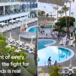 More than 100 tourists sprinted across a hotel poolside in a frantic scramble to grab the best sunbeds after queuing for over an hour at a hotel in Los Cristianos, Tenerife.