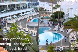 More than 100 tourists sprinted across a hotel poolside in a frantic scramble to grab the best sunbeds after queuing for over an hour at a hotel in Los Cristianos, Tenerife.