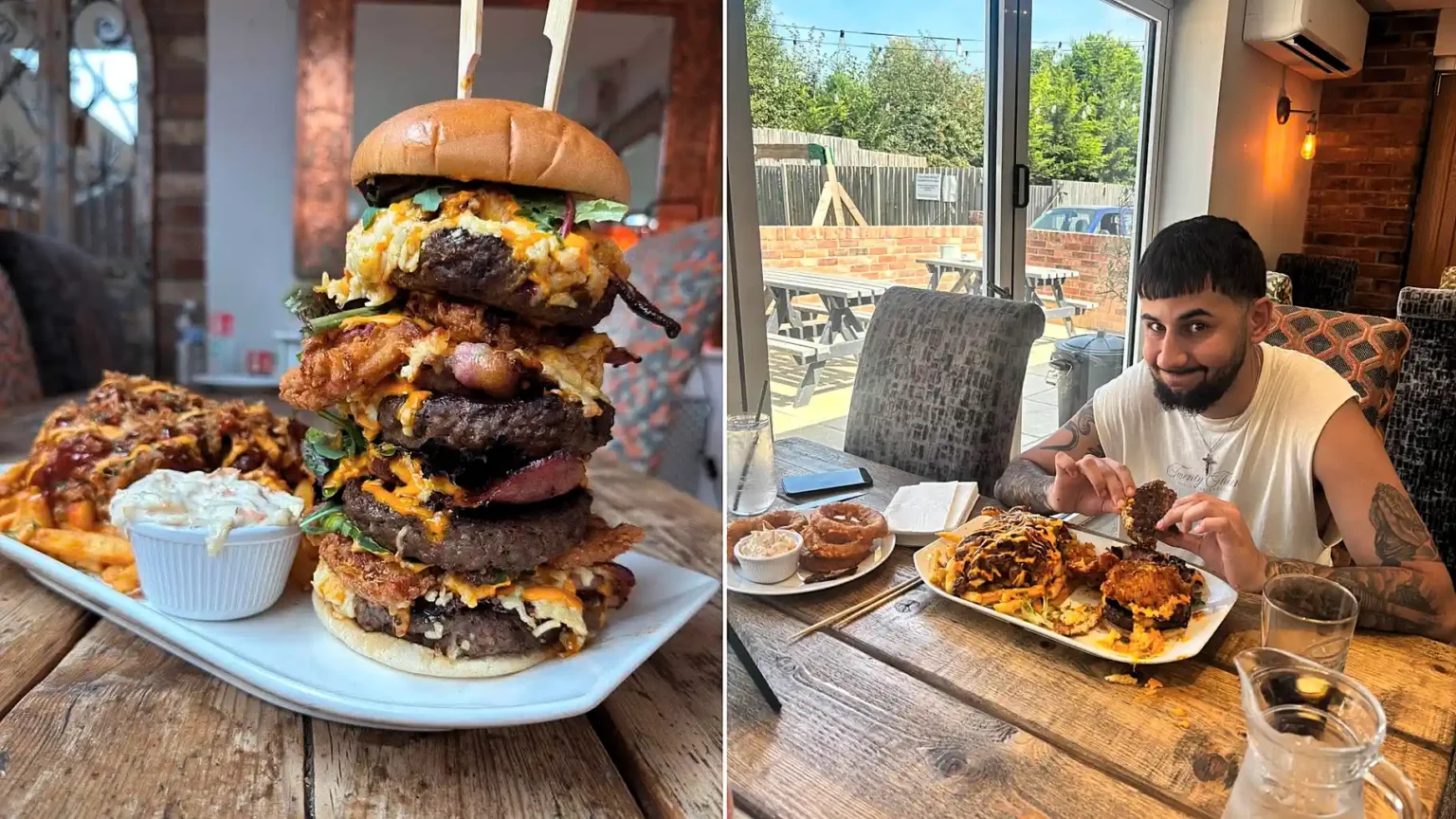 Brits have been beaten by one of the UK's biggest gut-busting burgers - a 5,000-calorie tower of beef, chicken, cheese, bacon and onion rings with a £100 prize.