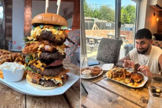 Brits have been beaten by one of the UK's biggest gut-busting burgers - a 5,000-calorie tower of beef, chicken, cheese, bacon and onion rings with a £100 prize.