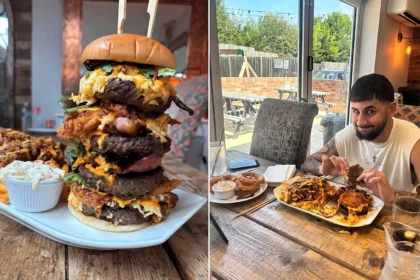 Brits have been beaten by one of the UK's biggest gut-busting burgers - a 5,000-calorie tower of beef, chicken, cheese, bacon and onion rings with a £100 prize.