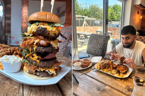 Brits have been beaten by one of the UK's biggest gut-busting burgers - a 5,000-calorie tower of beef, chicken, cheese, bacon and onion rings with a £100 prize.