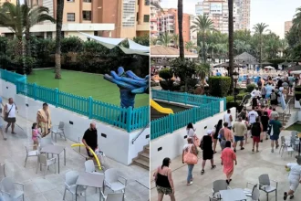 British holidaymaker captures the daily Benidorm sunbed scramble as guests queued from 7.30am before racing for beds when the pool opened - and calls it chaos for no reason.